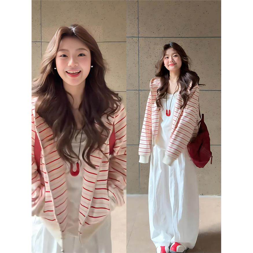 粉色条纹开衫卫衣女春秋慵懒风韩系宽松连帽拉炼外套设计感别致潮