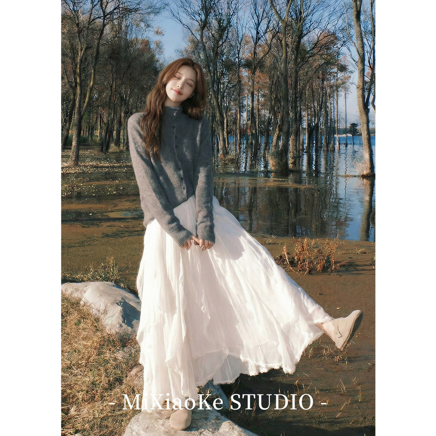 芈小可杏色蕾丝a字荷叶边半身裙女春季新款不规则法式仙女长裙子