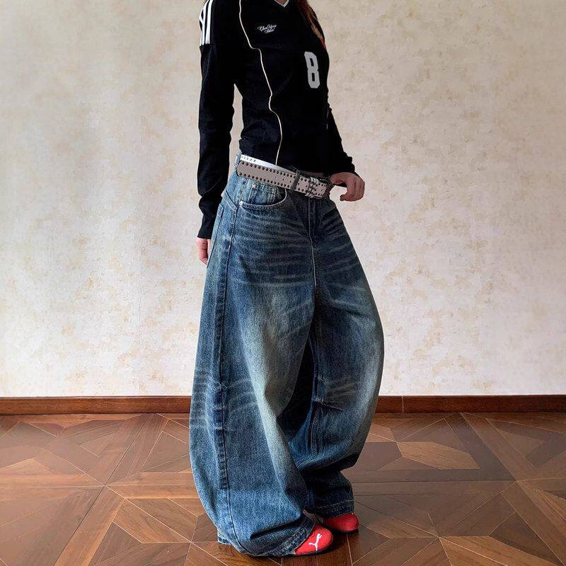 宽松外贸百搭拖地美式阔腿弯刀显瘦廓形裤猫须男女牛仔裤复古水洗