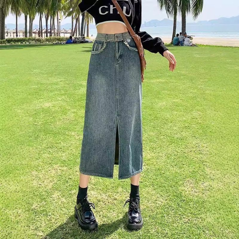 女开叉裙高腰宽松牛仔小个子撞