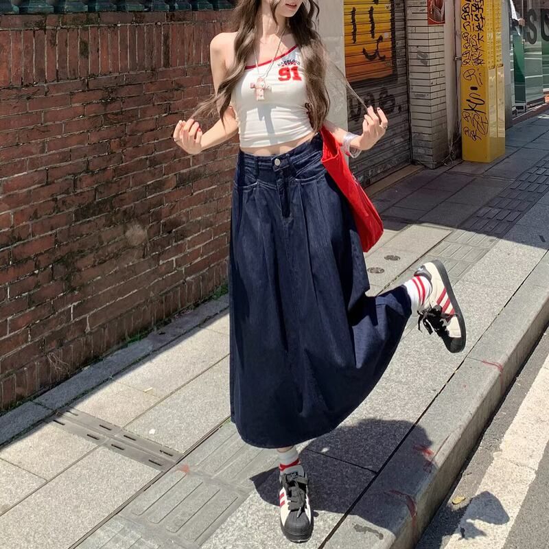 新高腰字百搭女年牛仔设计感裙子