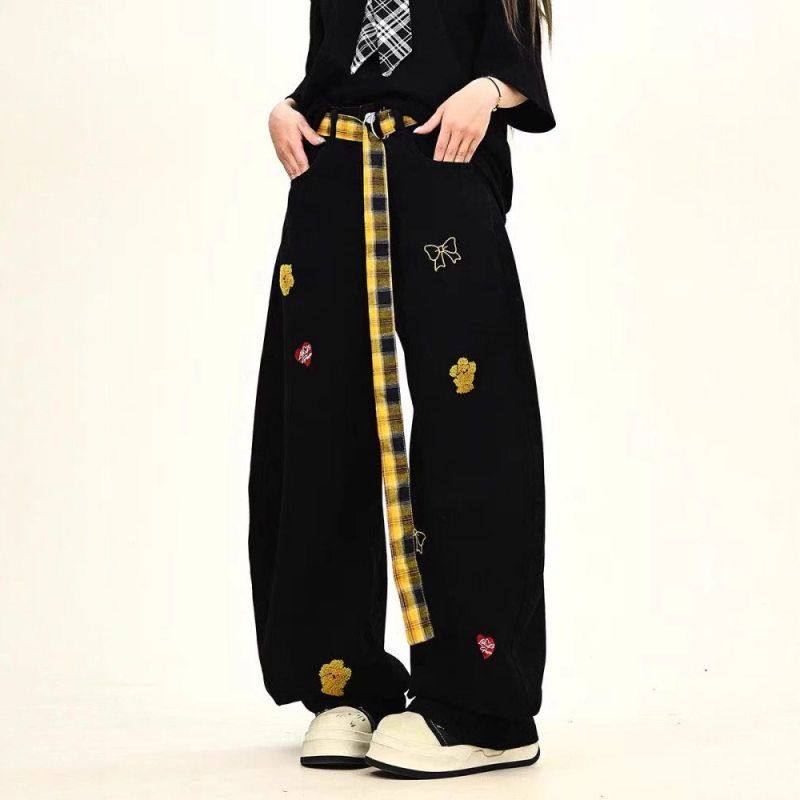 女刺绣腰带新款拖地牛仔裤设计感卡通阔腿宽松格纹2025裤子长夏季,女装/女士精品,牛仔裤,淘宝优惠券,粉丝福利购,淘宝优惠卷