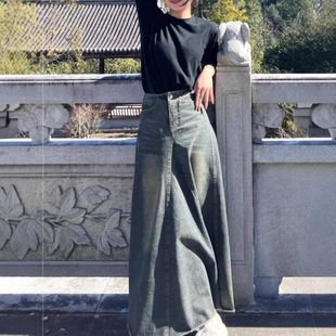 中长款高个子牛仔水洗复古女字宽松a裙高腰175美式加长半身裙显瘦