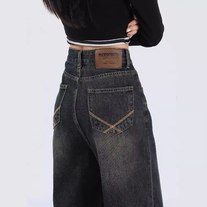 女胖阔腿牛仔裤mm高腰复古古着