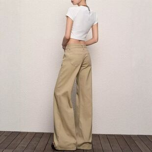 腿美式拖地2025夏季牛仔裤子不贴复古卡其色辣妹女低腰新款微喇裤