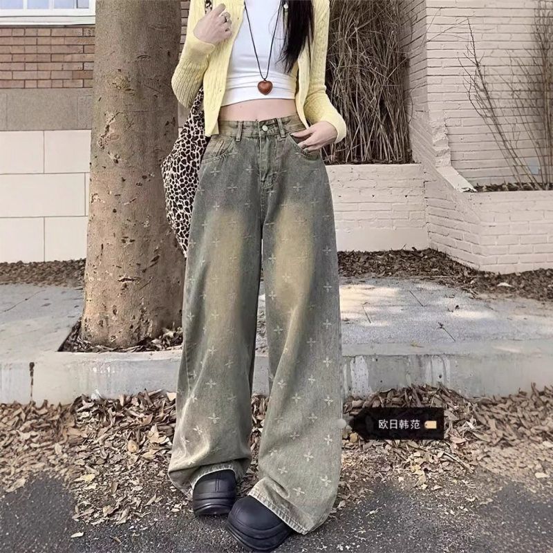 高腰阔腿牛仔裤复古2025宽松做旧新款美式直筒裤女软春秋微喇拖地
