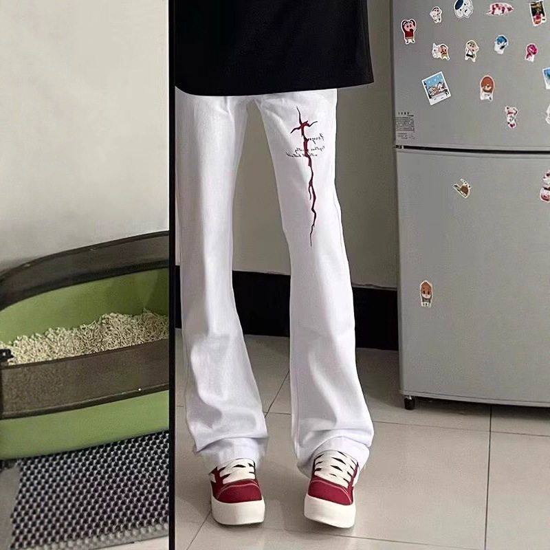 修身微喇痞帅显腿长裤裤子美式潮牌女印花直筒国潮牛仔裤弯刀高街