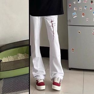 修身微喇痞帅显腿长裤裤子美式潮牌女印花直筒国潮牛仔裤弯刀高街