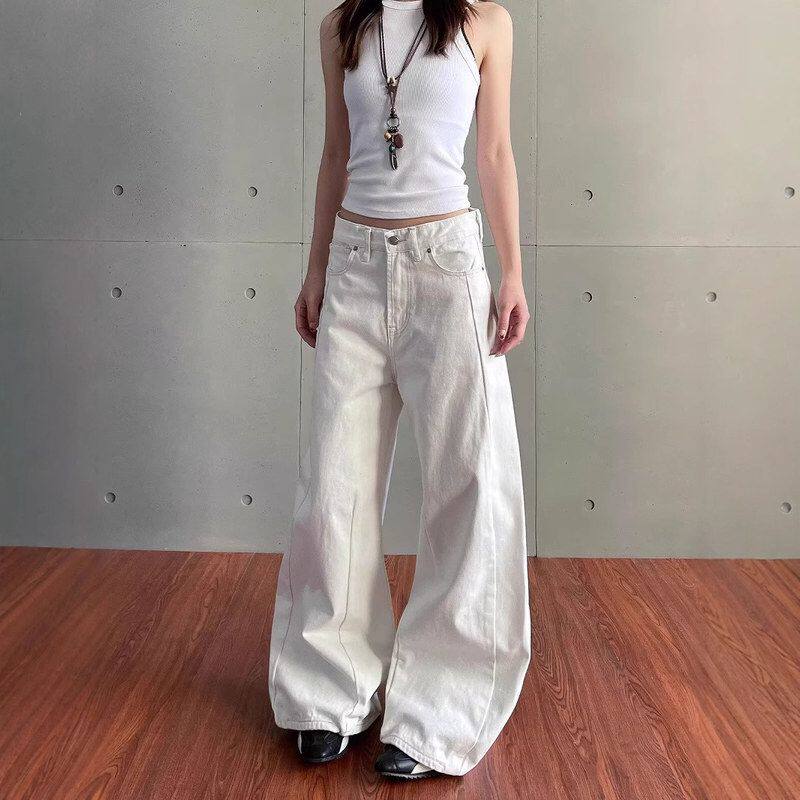 宽松硬挺长裤子弯刀复古水洗白色街头新款美式2026牛仔裤男女