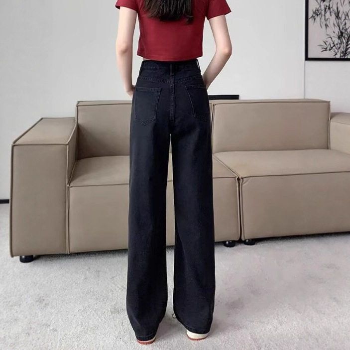 简约休闲裤时尚港风黑色女宽松复古直筒宽松子阔腿牛仔裤跨境2025