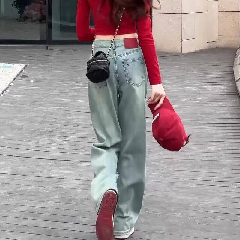 新款春季长裤窄版浅蓝色阔腿牛仔裤直筒小个子女2025高腰显瘦宽松