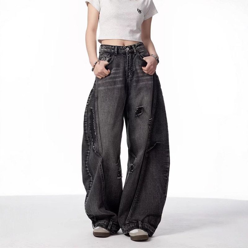 猫须牛仔裤做旧阔腿拼接美式高街