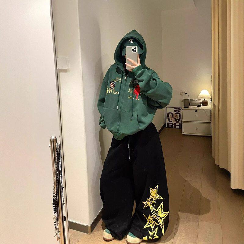 男女美式拉链贸易2025旗帜百搭宽松开衫外套秋季印花卫衣连帽上衣