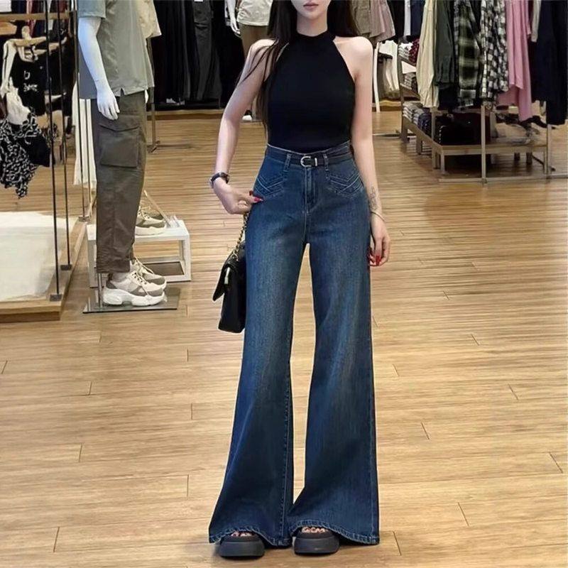 阔腿裤牛仔裤女喇叭垂感深蓝色夏季小个子拖地长裤子宽松复古港风
