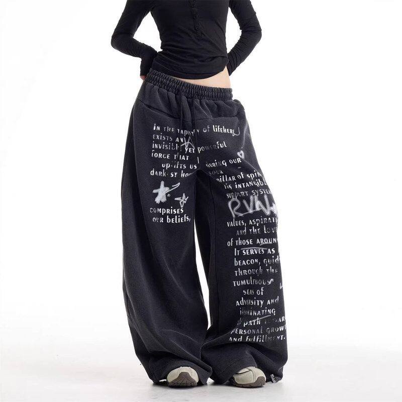 印花复古慵懒宽松运动休闲裤长裤阔腿裤女字母风高街垂感美式时尚