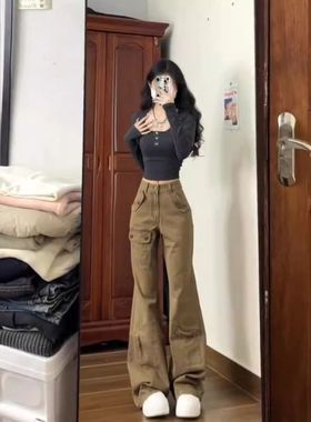 做旧女工装直筒卡其色美式高个子175春季2024牛仔裤子阔腿裤高街