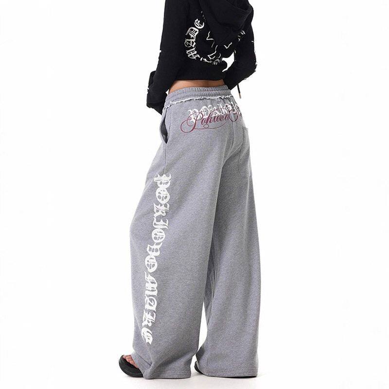 复古运动宽松美式字母质量卫裤弯刀阔腿裤男女好哥特休闲街舞印花
