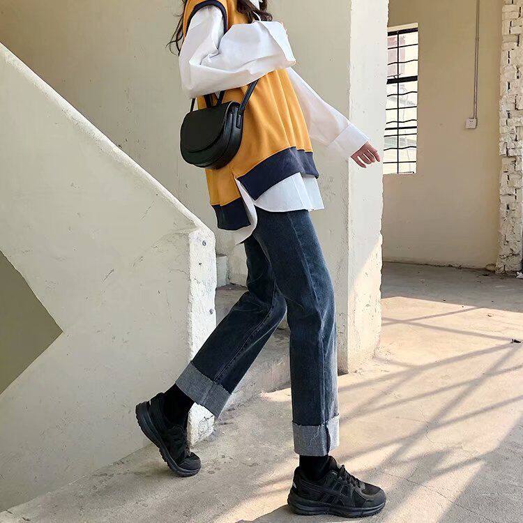 高腰长女装直筒牛仔裤百搭潮显瘦2026深蓝色宽松夏季卷边新款裤子