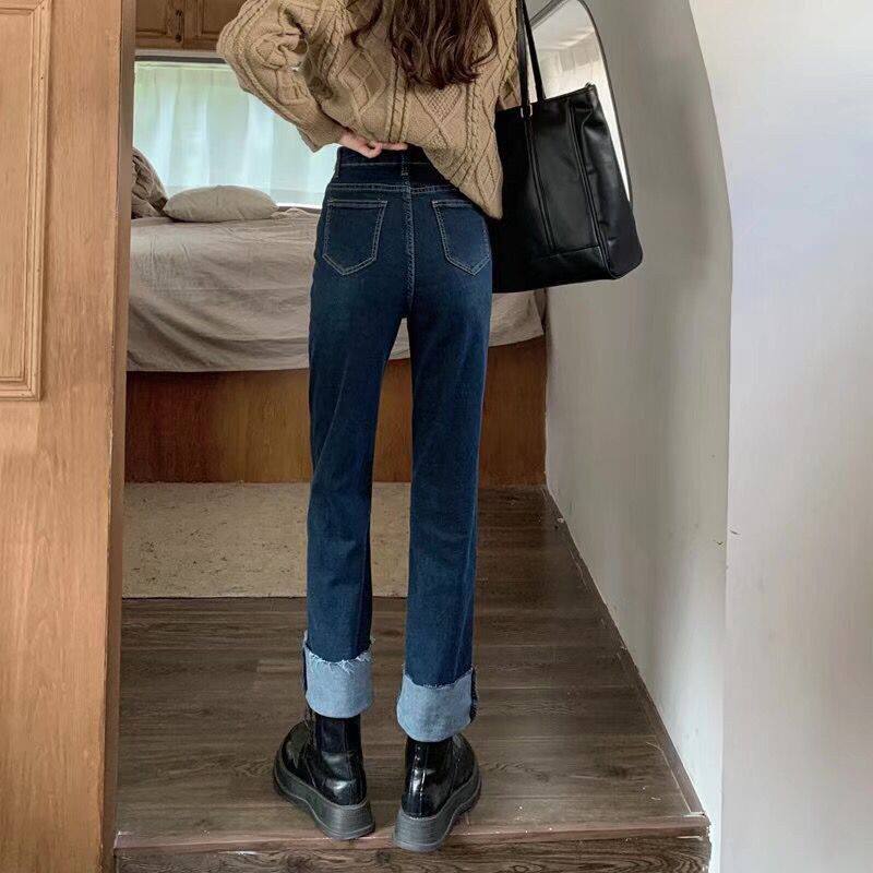 宽松2026卷边弹力新款春高腰学生牛仔裤小个子外搭显瘦直筒女翻边