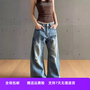 潮流慵懒感美式 松弛风高级感外贸废土破洞 裤 子女泼墨做旧风牛仔裤