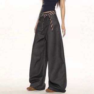 外贸女小众复古西裤 垂感百搭阔腿垂感裤 设计感 拖地休闲弯刀裤 美式