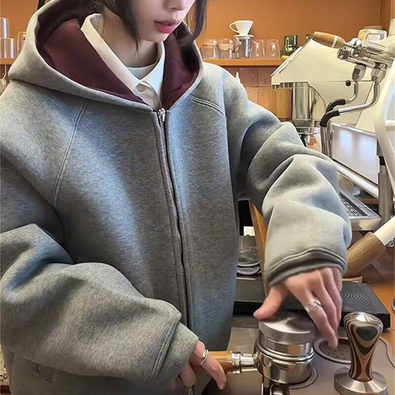 外套卫衣美式2025帽衫春秋男女开衫撞色连帽新款短款重磅潮牌情侣