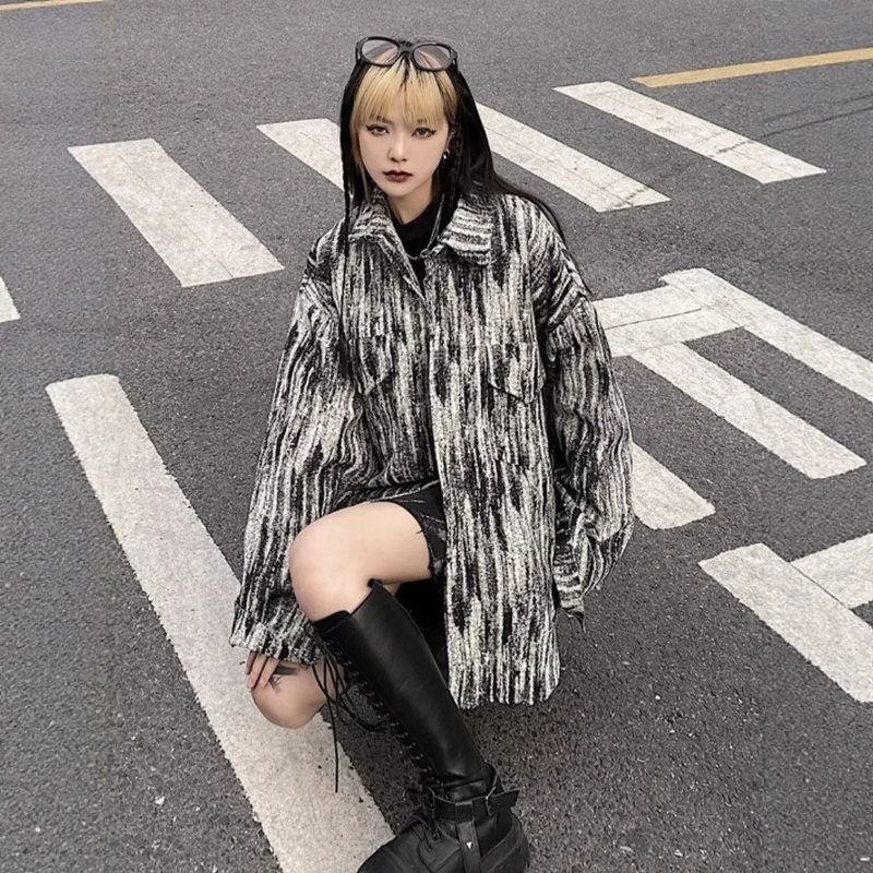 女春秋工装宽松炸街大码胖牛仔外套潮上衣原宿风夹克复古扎染新款