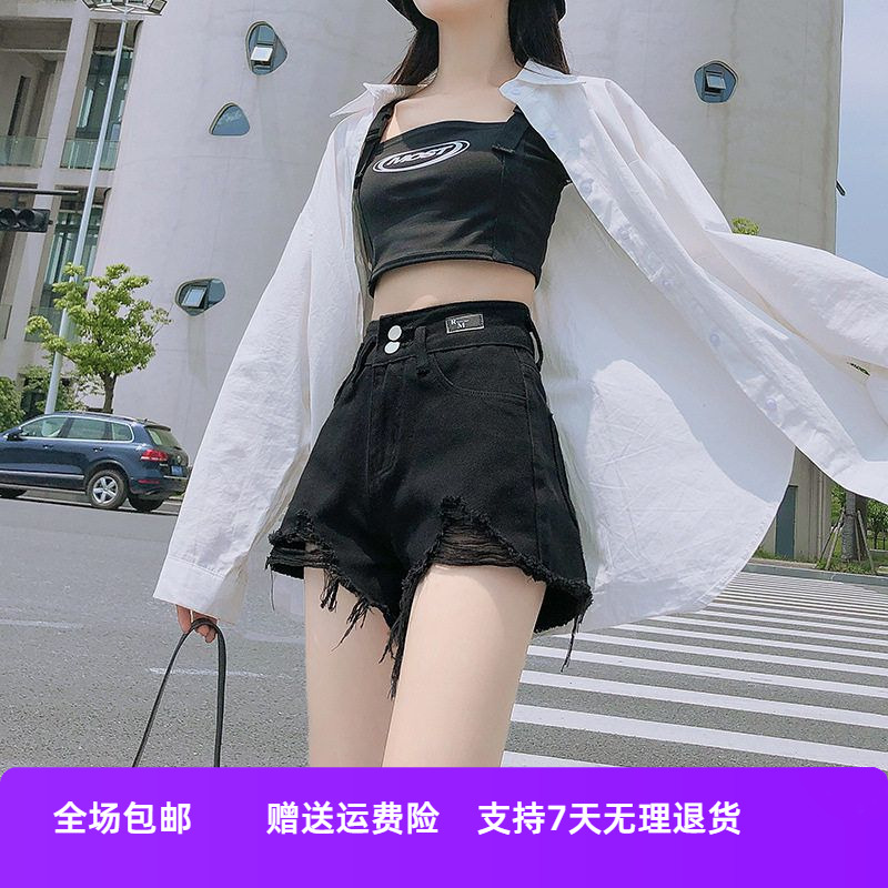 热裤年黑色阔腿破洞字牛仔短裤2024女a宽松夏季薄款高腰显瘦新款