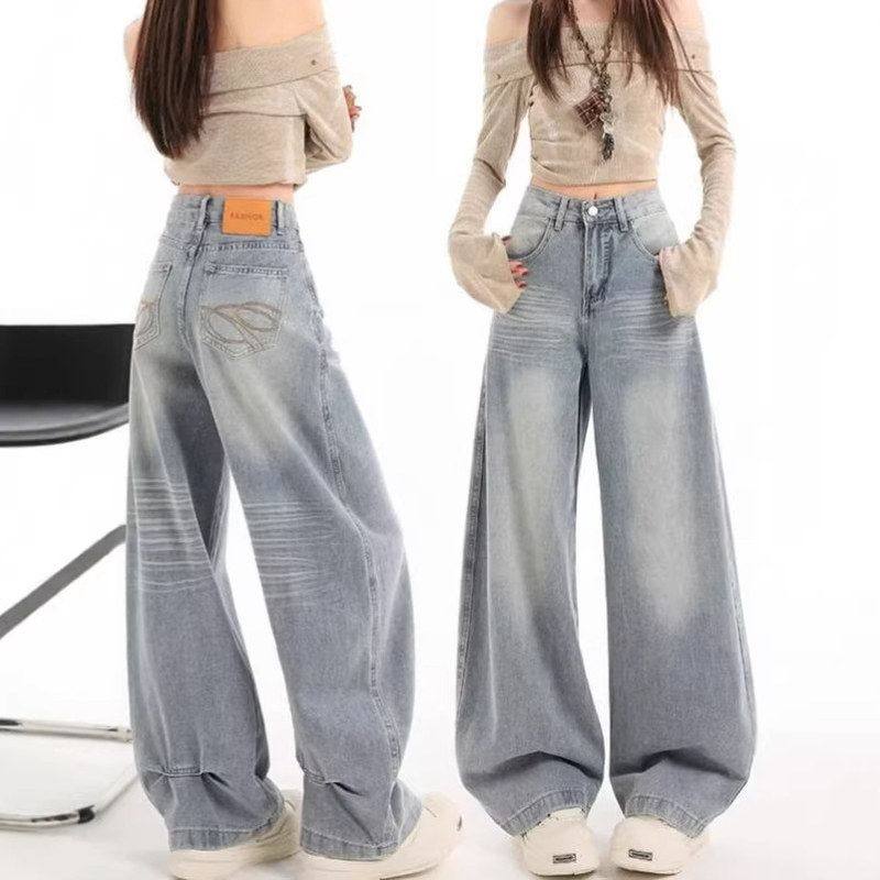 宽松美式高腰显瘦秋冬街头潮百搭垂感新款复古折痕牛仔裤阔腿裤女