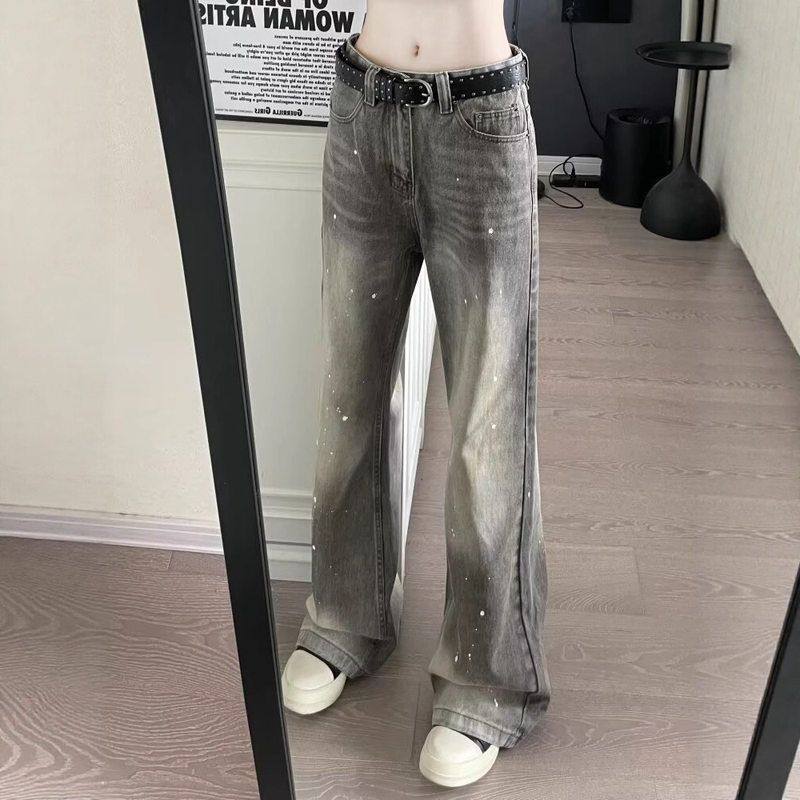 水洗牛仔浅灰色阔腿宽松泼墨长裤美式牛仔裤直筒新款男女做旧复古