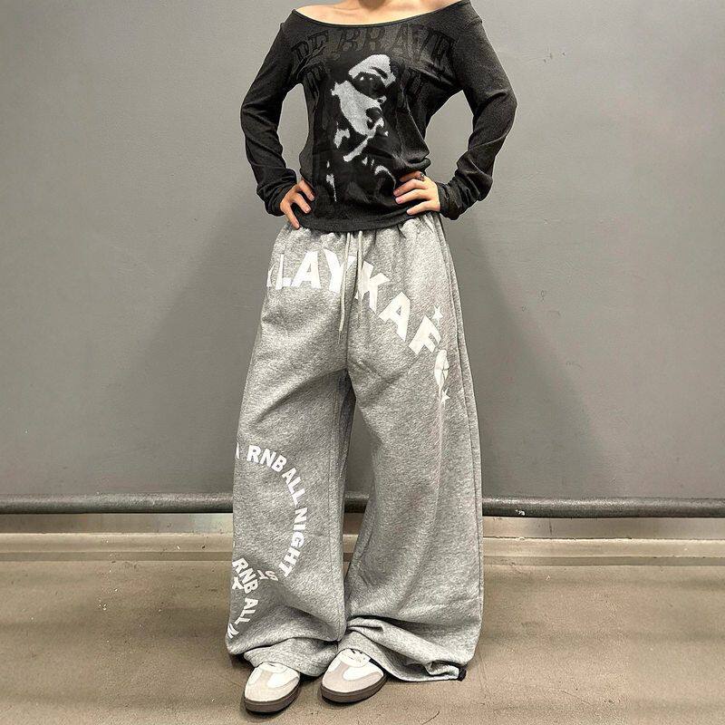 拖地高级感辣妹风美式卫裤子美式阔腿字母印花运动女潮高级感慵懒