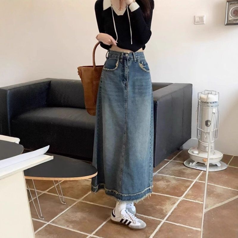 复古牛仔裙女ins中长裙毛边包臀