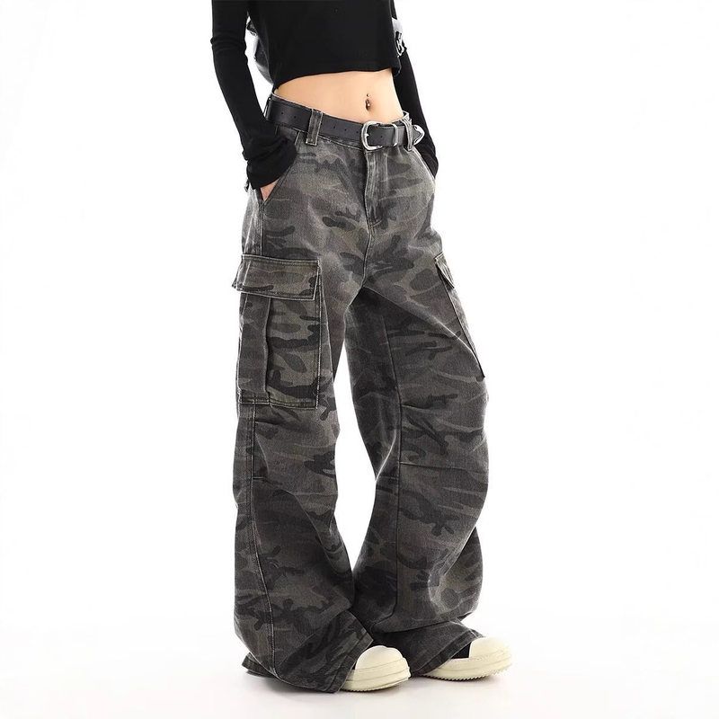 宽松迷彩男女水洗微喇工装裤拖地