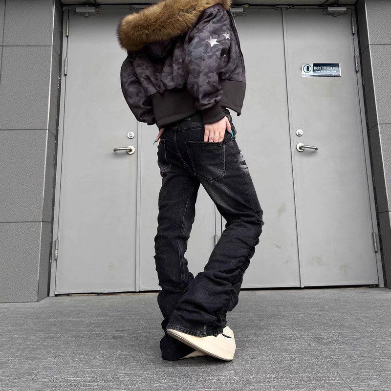 牛仔裤复古排扣美式男女长波纹褶皱显瘦大码水洗新款裤子微喇直筒