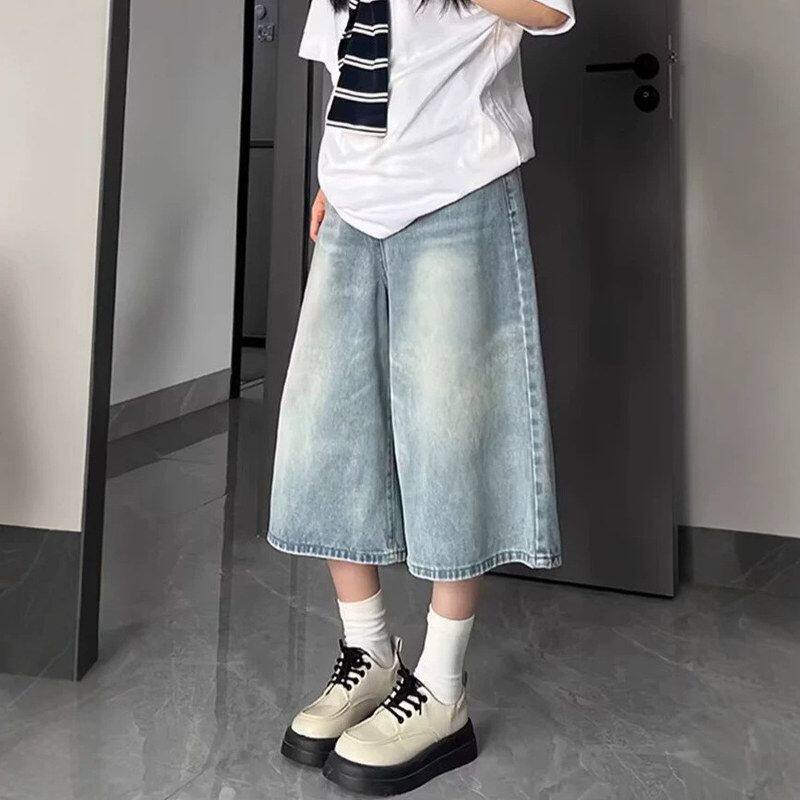 胖薄款阔腿裤身材显瘦梨型妹妹蓝色夏季mm高腰七分遮肚女牛仔短裤