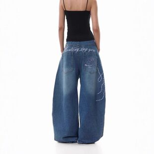 男女刺绣宽松美式垂感夏季复古弯刀显瘦阔腿裤新款2026牛仔裤同款