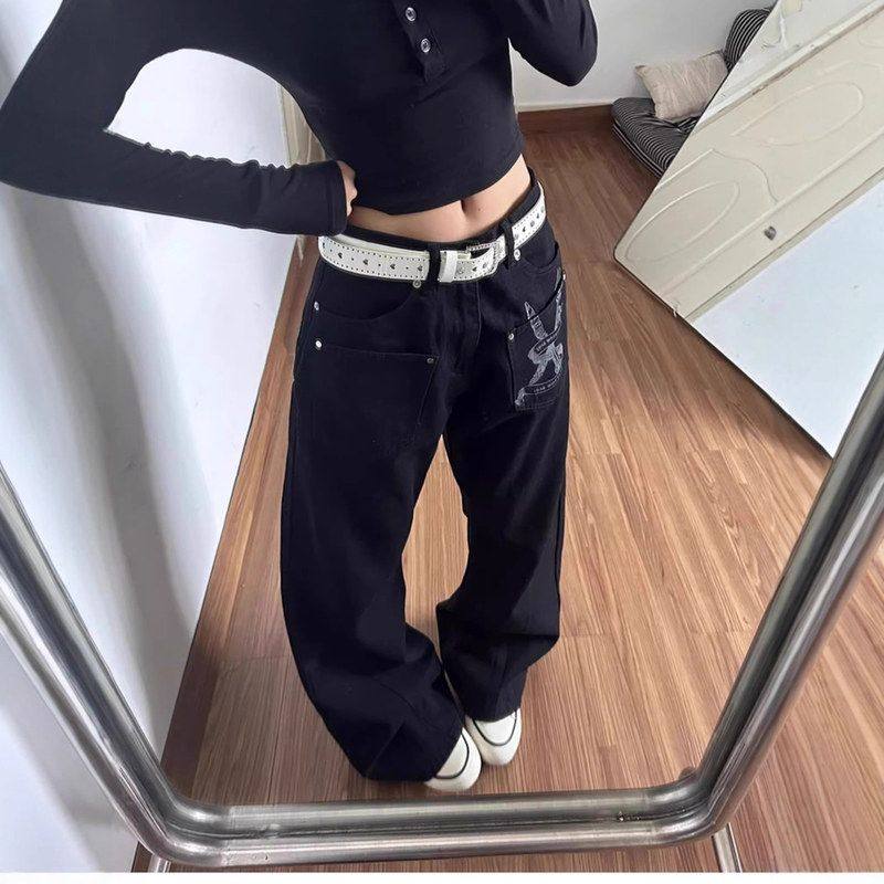 长裤显瘦黑色新款厂家直销百搭牛仔裤印花韩系流行女阔腿直筒宽松,女装/女士精品,牛仔裤,淘宝优惠券,粉丝福利购,淘宝优惠卷