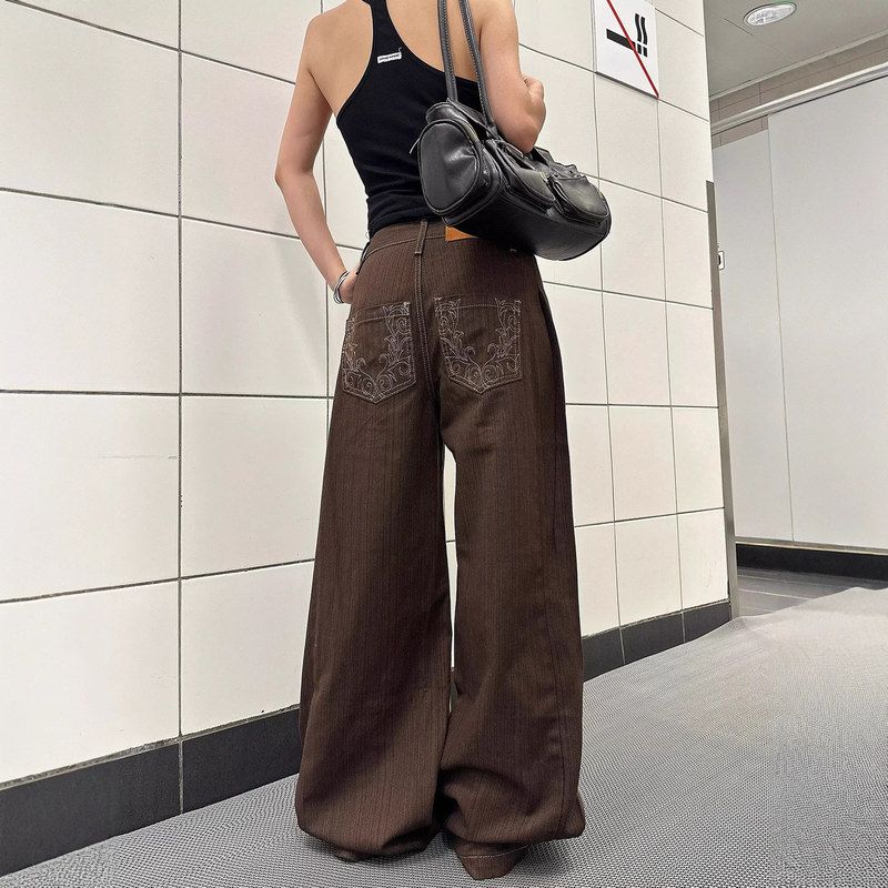 竖新款弯刀女复古长直筒条纹美式