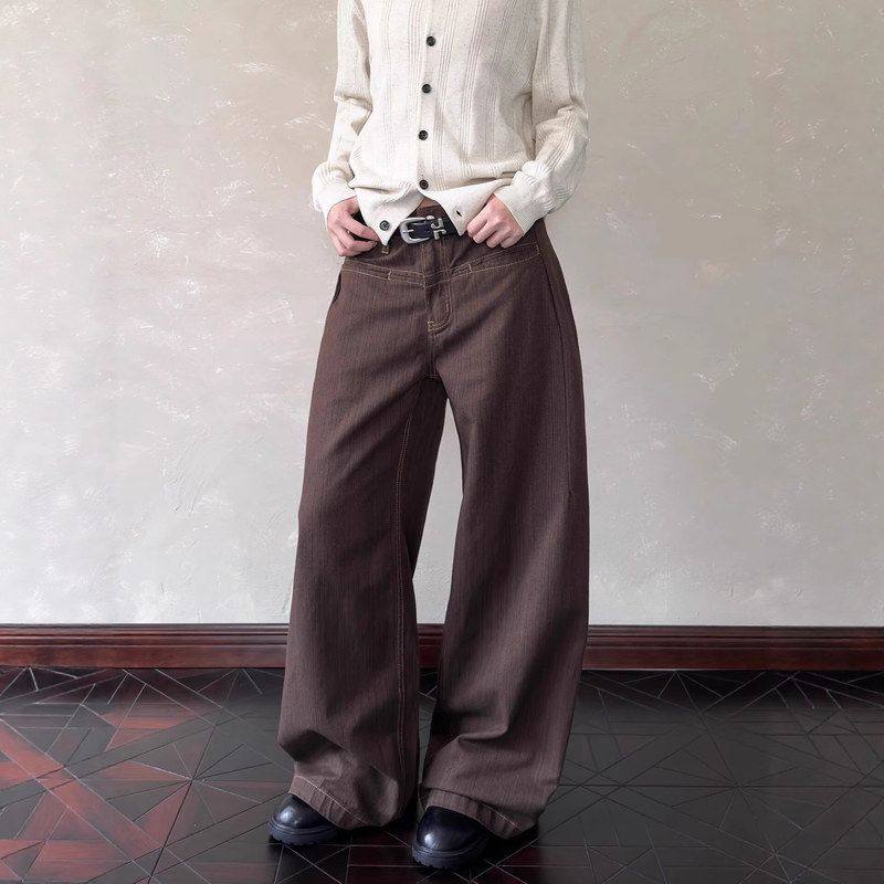 刺绣复古女高宽松美式长裤牛仔裤街小众阔腿拖地跨境直筒弯刀休闲