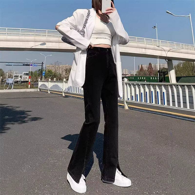 开叉高腰黑色子女实拍喇叭宽松微喇牛仔裤修身阔腿拖地直筒裤显瘦