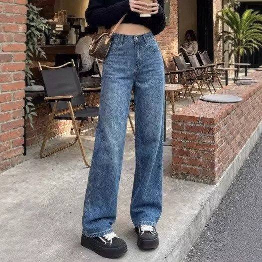 高腰拖地直筒版窄搭潮显瘦百搭浅蓝色小个子宽松牛仔裤女阔腿裤穿