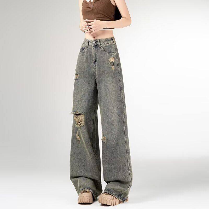 小个子破洞女百搭设计感宽松阔腿牛仔裤新款复古夏季长裤直筒高腰,女装/女士精品,牛仔裤,淘宝优惠券,粉丝福利购,淘宝优惠卷