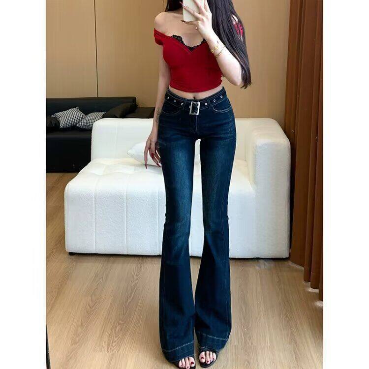 微喇2026百搭显瘦弹力低腰贸易秋季新款牛仔裤腰带紧身款喇叭裤女