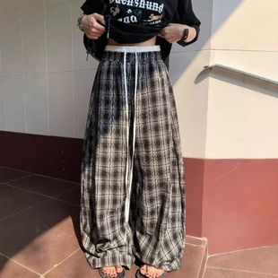 慵懒美式休闲裤拼接拖地男女爵士舞宽松双腰头格子阔腿裤直筒裤子