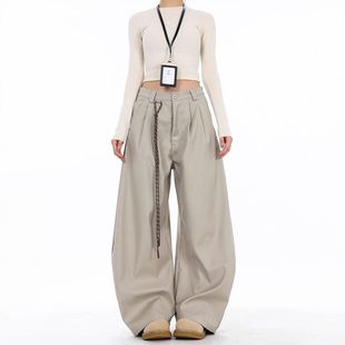 皱褶外贸简约2025裤美式宽松阔腿休闲高级感弯刀男女复古西裤镰刀