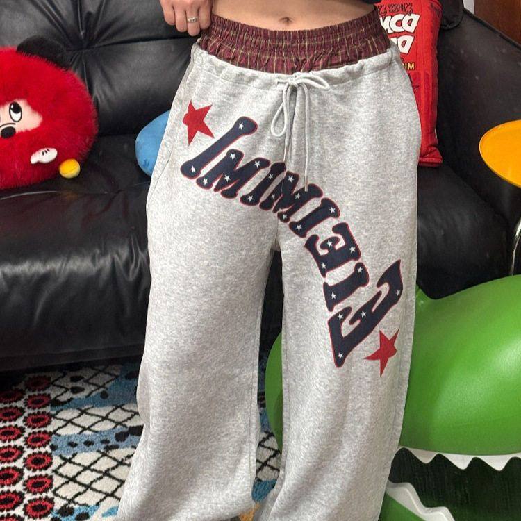 美式运动卫裤复古女风宽松双腰头慵懒阔腿时尚字母外贸印花休闲裤