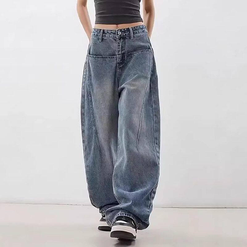 阔腿牛仔裤复古外贸蓝色时尚美式潮流宽松小个子新款女弯刀弯刀裤