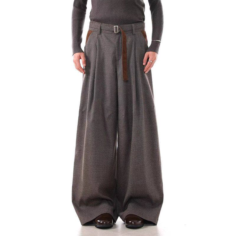 子西裤男款美式高级感拼接打褶老钱千鸟格复古直筒裤休闲裤风宽松