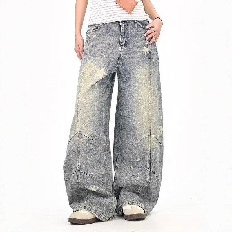 女印做旧直筒牛仔裤阔腿裤时尚美式宽松子星星水洗复古外贸花裤子,女装/女士精品,牛仔裤,淘宝优惠券,粉丝福利购,淘宝优惠卷