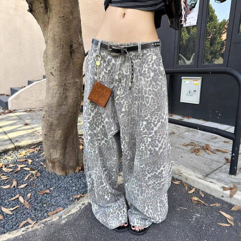 低腰直筒感牛仔裤女时髦中休闲工装宽松豹纹阔腿裤松弛复古美式